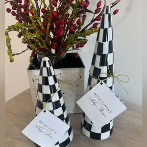 BECKI OWENS 2025 BLACK WHITE SHINY CHECKERED CERAMIC CHRISTMAS TREES NEW